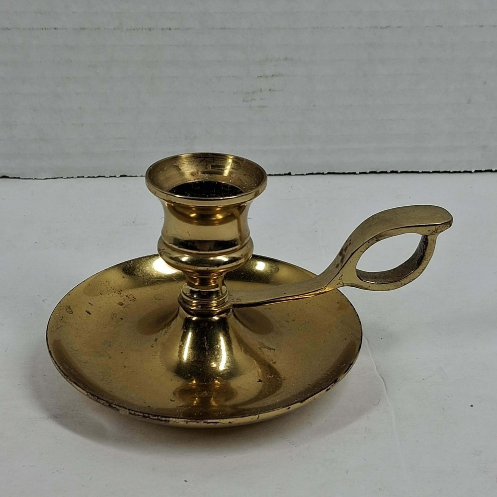 Vintage Polished Brass Chamberstick Candle Holder with Finger Loop Handle 4"‎